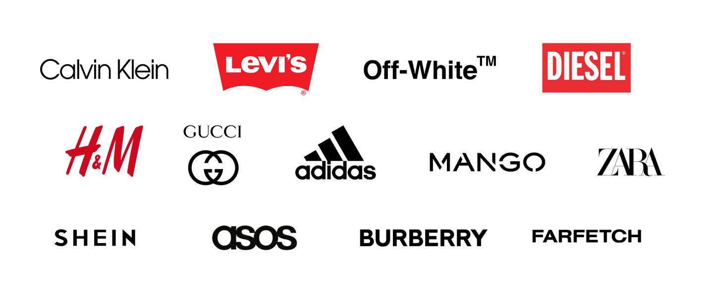 Fashion brands working with Fashionoscope: Calvin Klein, Levi's, Off-White, Diesel, H&M, Gucci, adidas, Mango, Zara, Shein, Asos, Burberry, Farfetch
