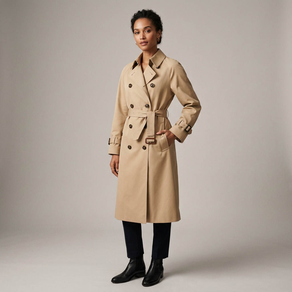High-fashion double-breasted beige trench coat model showcase